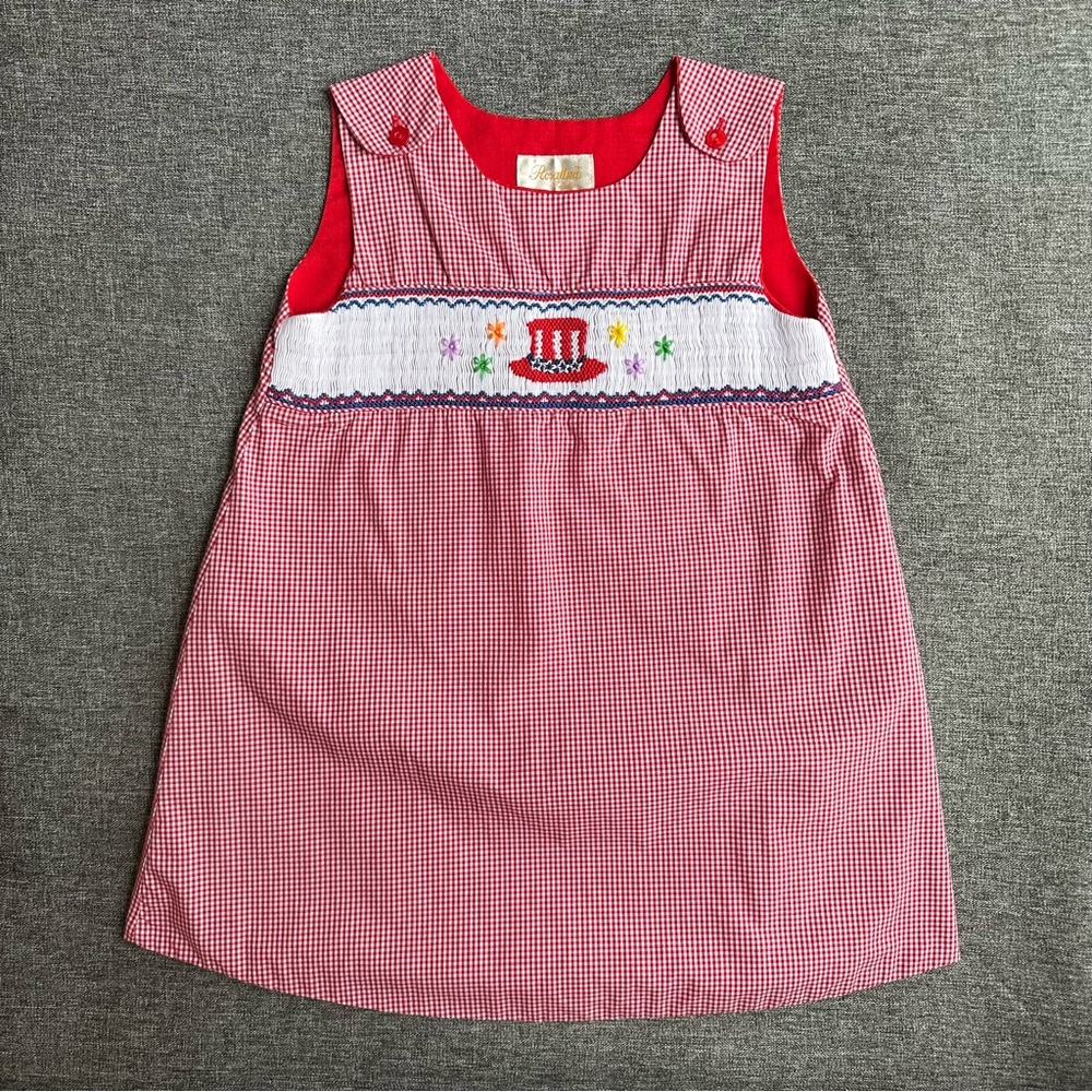 Rosalina Collection Smocked Girls Dress Patriotic Hat 4th of July Red Gingham 5Y